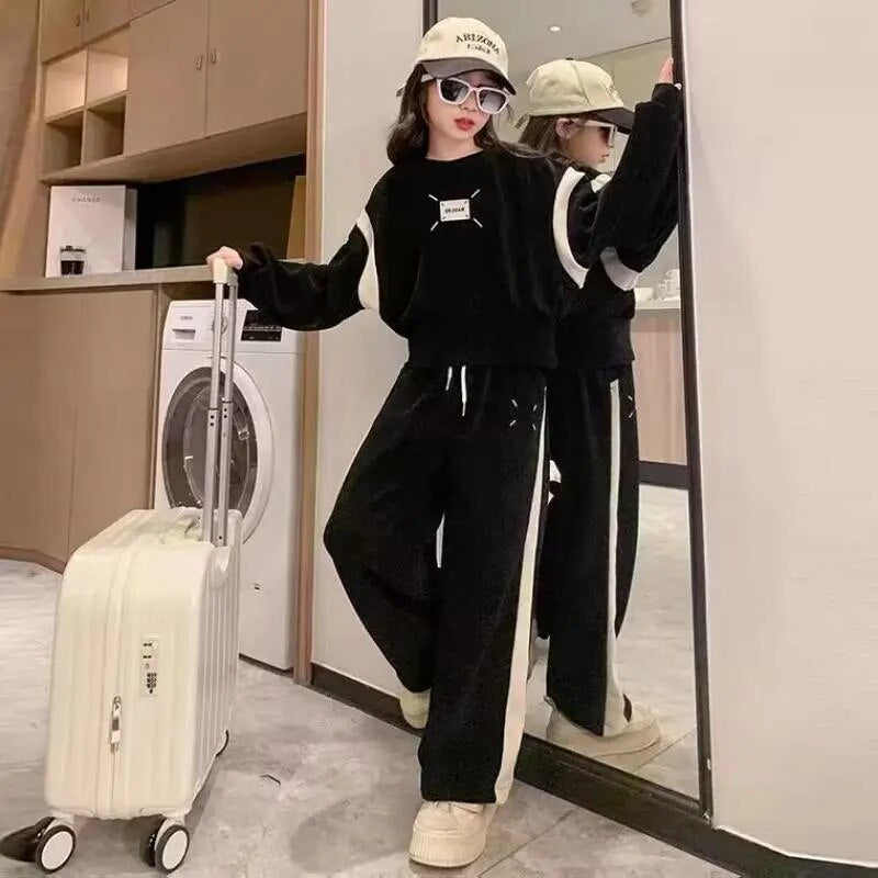 Autumn Fashion Kids Clothes Girls Suit Kids Long Sleeve Patchwork Pattern Sweatershirts Wide Leg Pants 2 Piece Set 6 to 16 Years