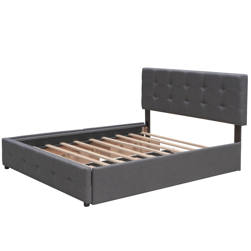 Upholstered Platform Bed with 2 Drawers and 1 Twin XL Trundle, Linen Fabric, Queen Size - Dark Gray