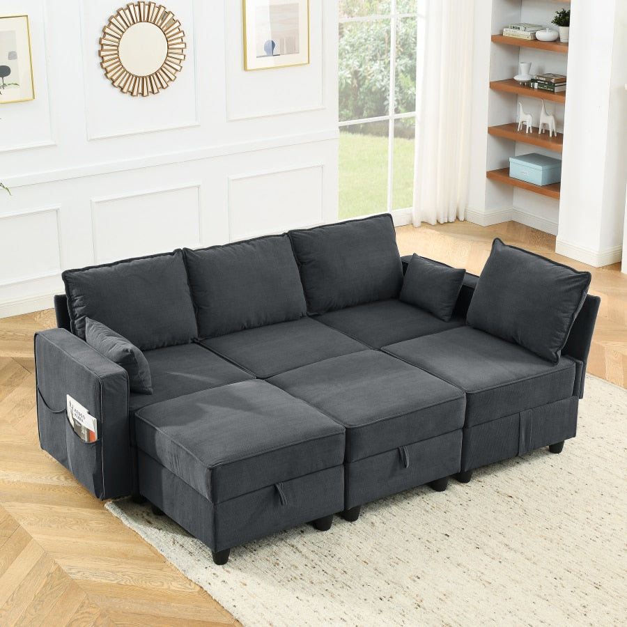 Sectional Modular Sofa Couch, 6 Storage Seat Convertible Sofa Bed Set for Living Room, Dark Gray Corduroy Velvet, Spring pack Cu