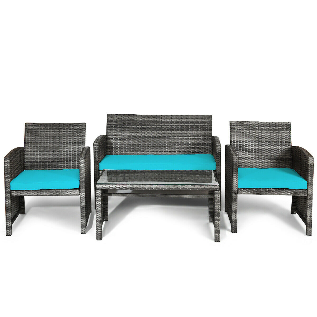 4PCS Patio Rattan Furniture Set Conversation Glass Table Top Cushioned Sofa HW63238 - youronestopstore23