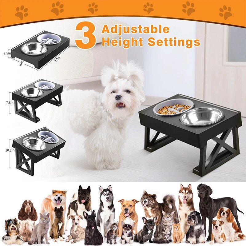 Dogs Double Bowls Stand 3 Adjustable Height Pet Slow Feeding Dish Bowl Medium Big Dog Elevated Food Water Feeders Table