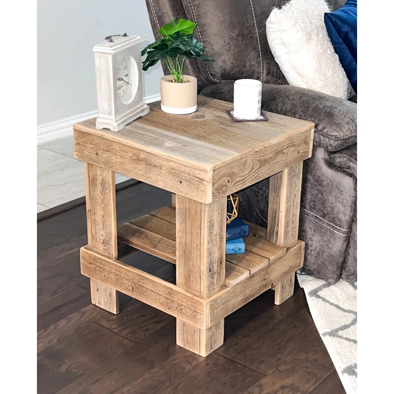 Wood Farmhouse Rustic Square End Table, Natual Brown living room furniture  wood table  coffee table