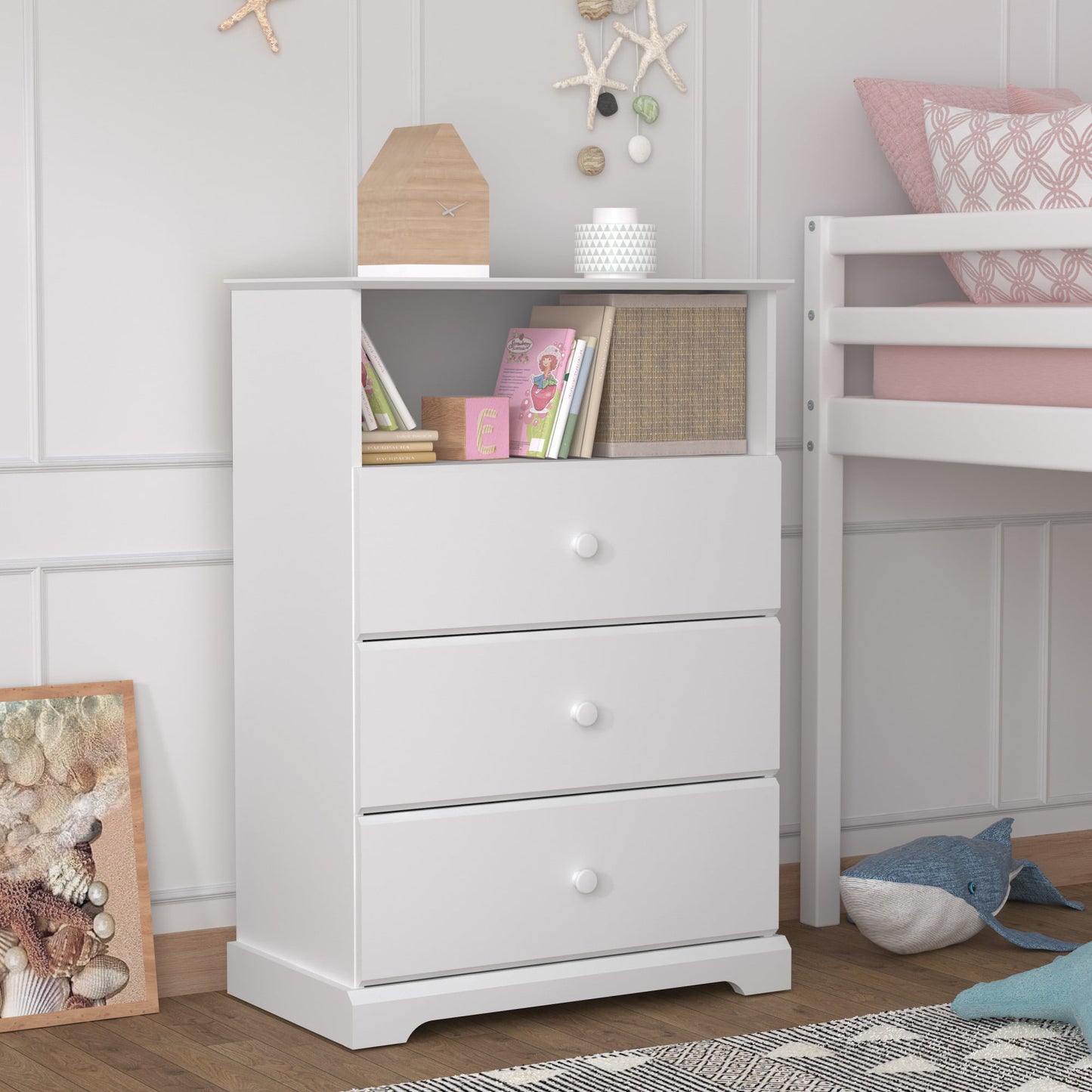 Campbell Wood 3-Drawer Kids Dresser with Storage Shelf, Gray