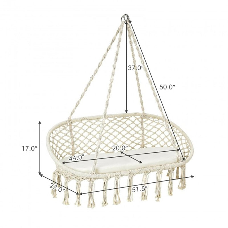 2 Person Hanging Hammock Chair with Cushion Macrame Swing Hammock Chair Indoor Outdoor Leisure Furniture - youronestopstore23