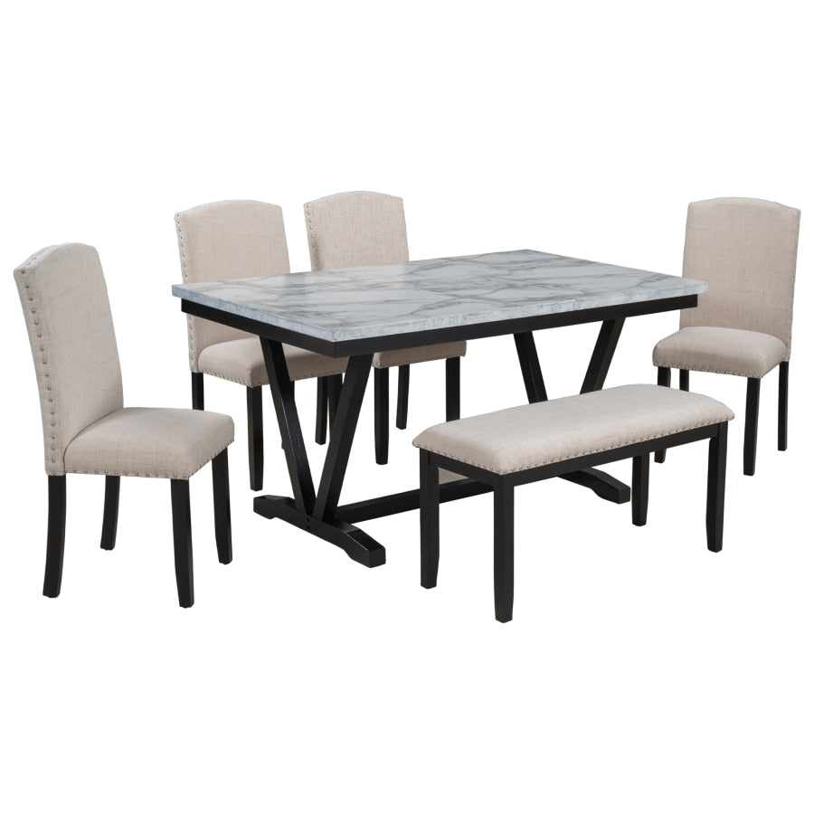 Nordic Modern 6-Piece Dining Table Set,  Wooden Kitchen Table And 4 Upholstered Chairs & a Bench,  Dining Living Room Furniture