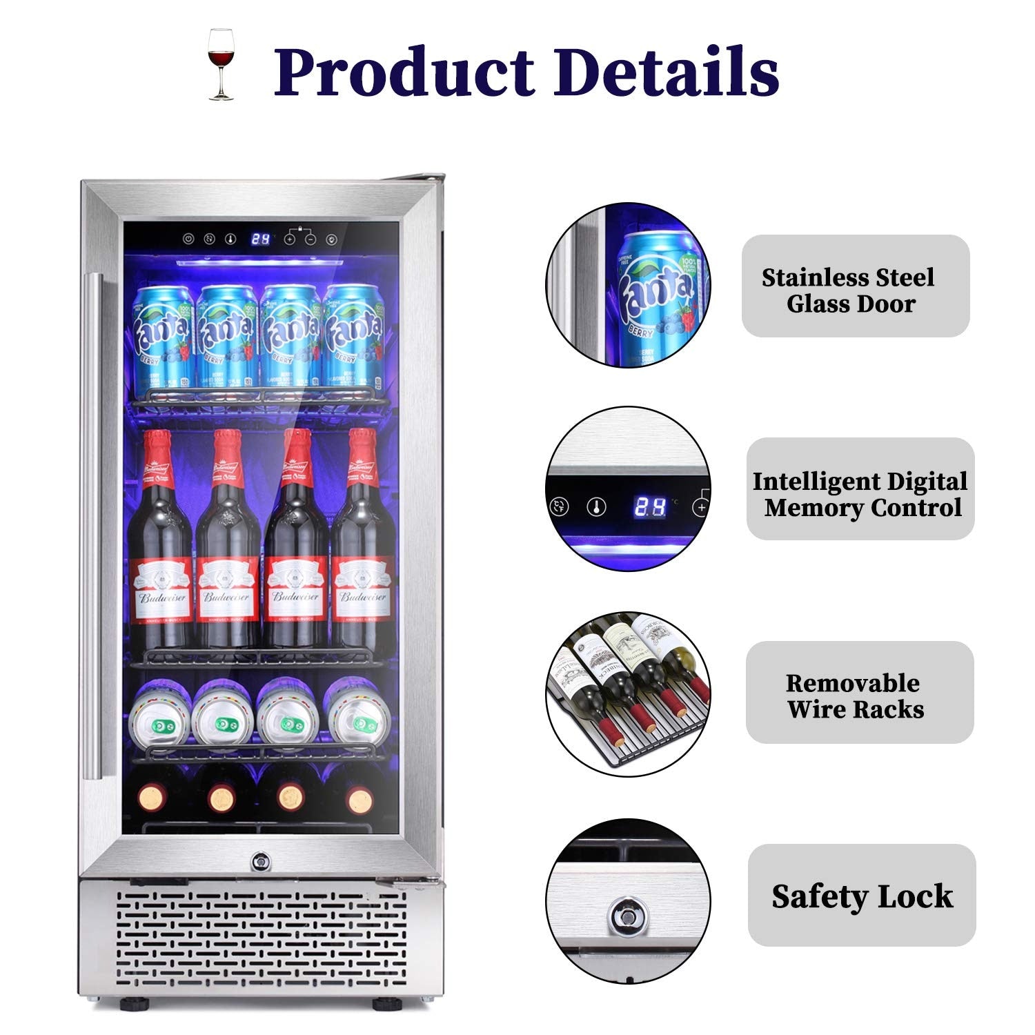 AGLUCKY 15inch Wine Cooler Cabinet Built-in Freestanding Beverage Refrigerator Stainless Steel Glass Door Wire  Digital Memory - youronestopstore23
