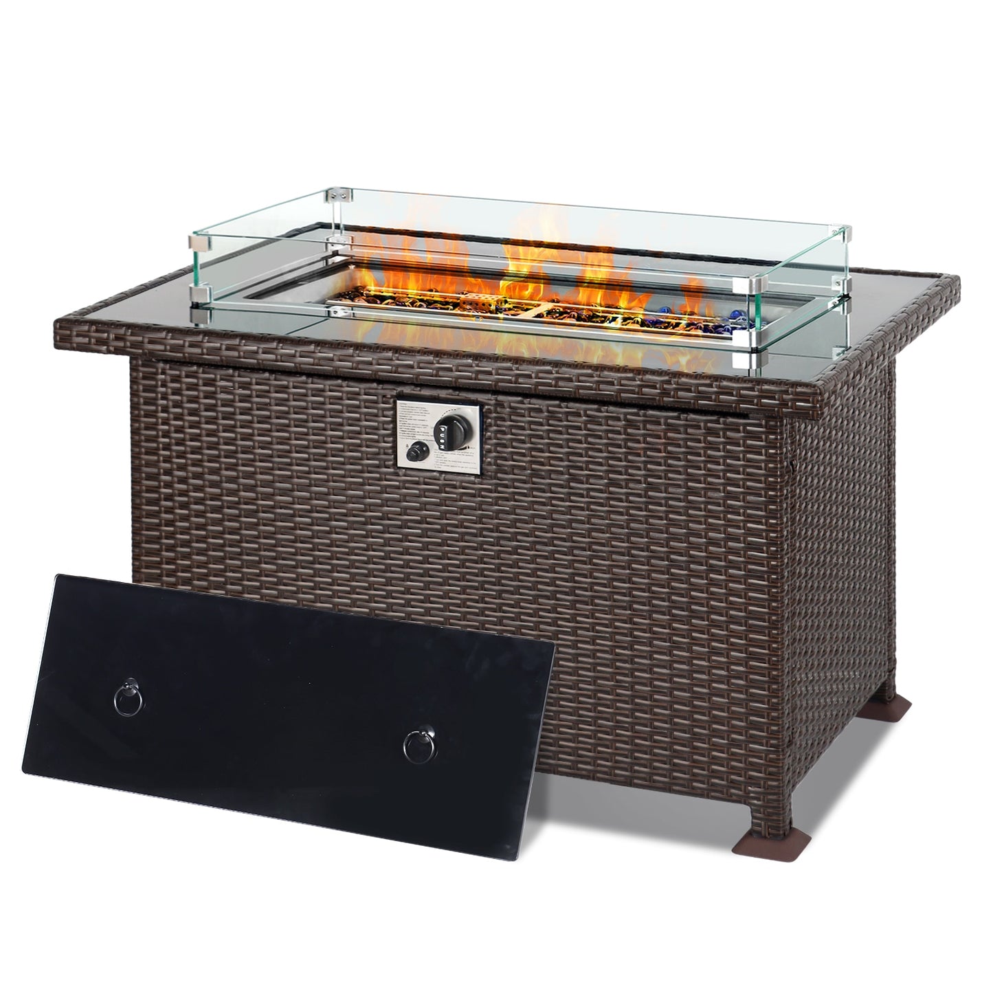 Propane Fire Table with Wind Guard Brown Rattan Smokeless Firepit Outdoor Fire Pits for Outside Patio Garden Deck Dinning - youronestopstore23