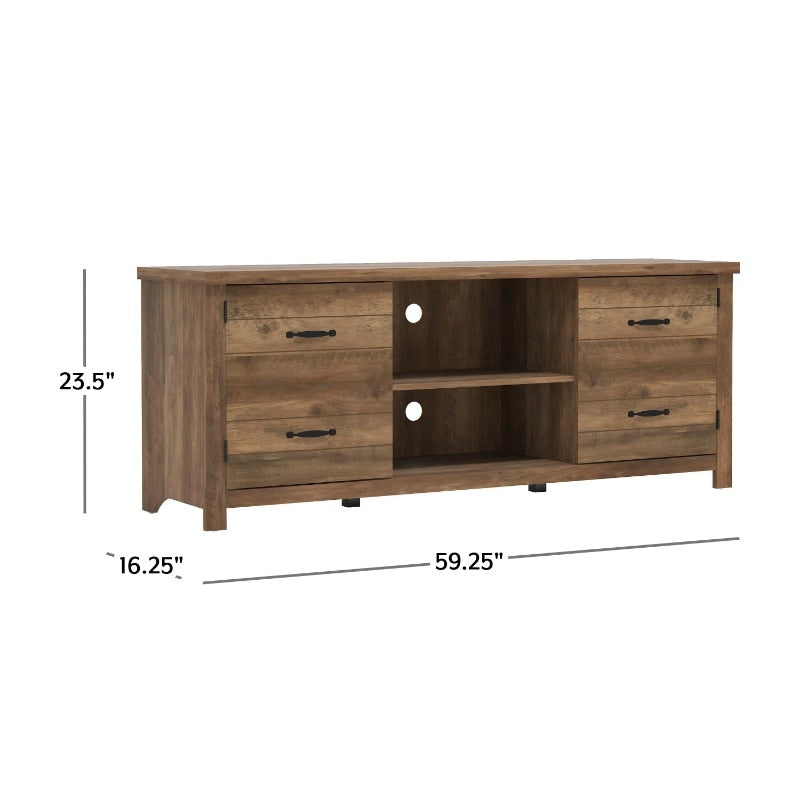 Lancaster Farmhouse 60” TV Stand with Charging Station for TV’s up to 65”, Knotty Oak tv cabinet living room furniture