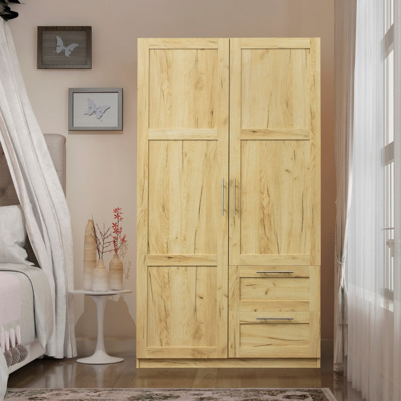 Solid Wood Wardrobe, Clothes Storage Closet with Door, Hanging Rod and Storage Shelves, for Living Room Bedroom