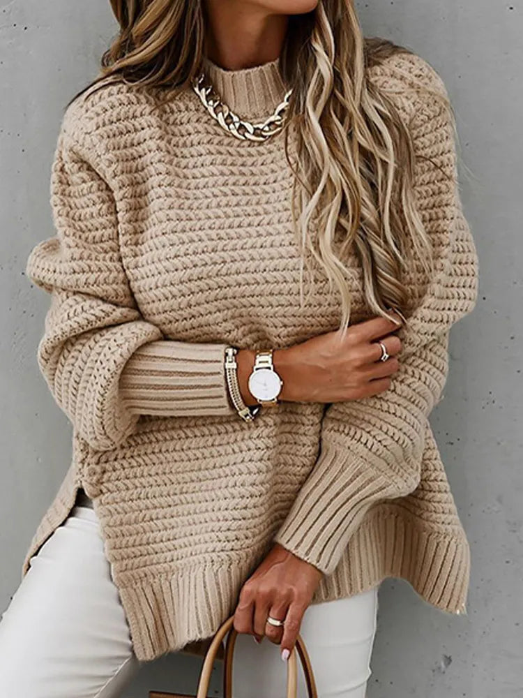 Vintage Knitted Sweater Women Winter Oversized Half High Neck Knit Pullover Female Loose Solid Jumper Lady Retro Casual Knitwear
