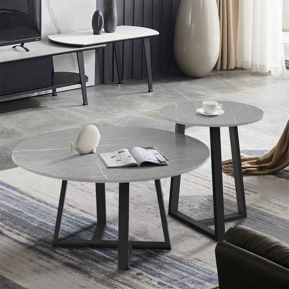 Round Modern Marble Nesting Coffee Set of 2, Stacking Living Room Accent Tables Furniture Sintered Stone Tabletop End Table