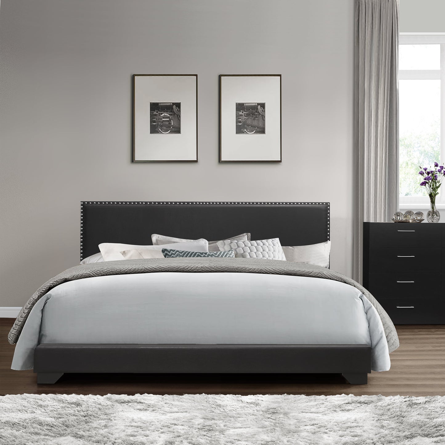 Willow Nailhead Trim Upholstered Full Bed, Charcoal  Furniture Bedroom  Platform Bed  Bedroom Set