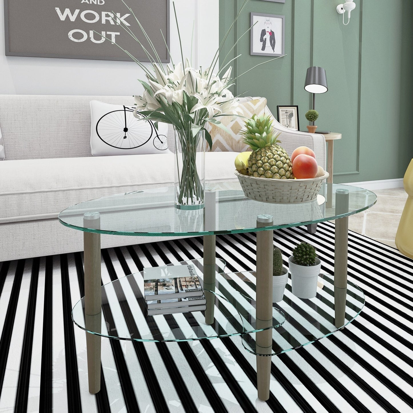 Transparent Oval Glass Coffee Table End Table, Modern Table in Living Room Oak Wood Leg Tea Table 3-layer Glass Table