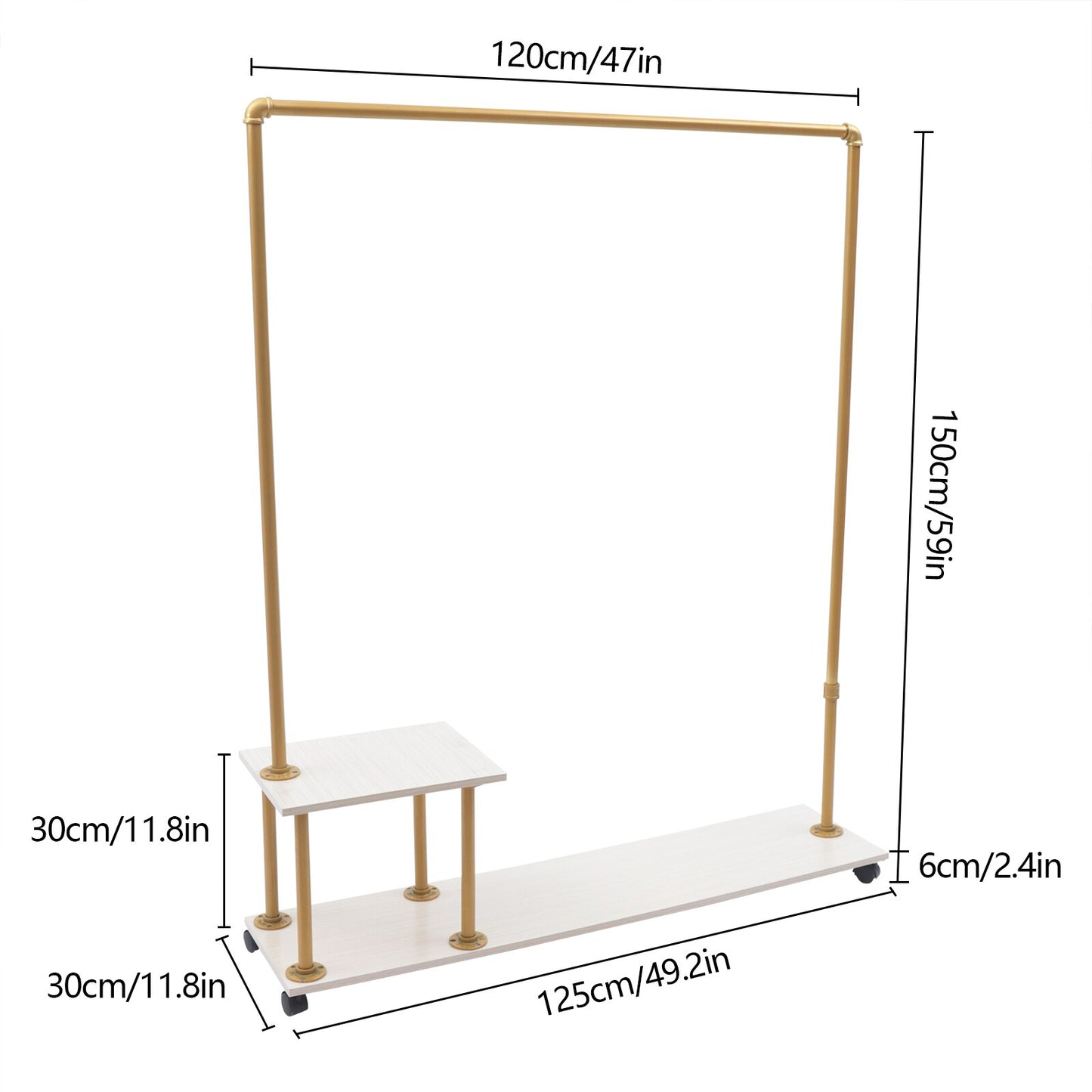 125*30*150cm Commercial Metal Pipe Clothing Rack Storage Garment Rack With Wheels Shelf Gold