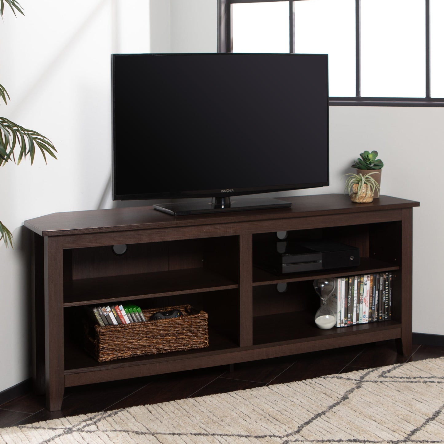 Woven Paths Farmhouse Corner TV Stand for TVs up to 65", Espresso