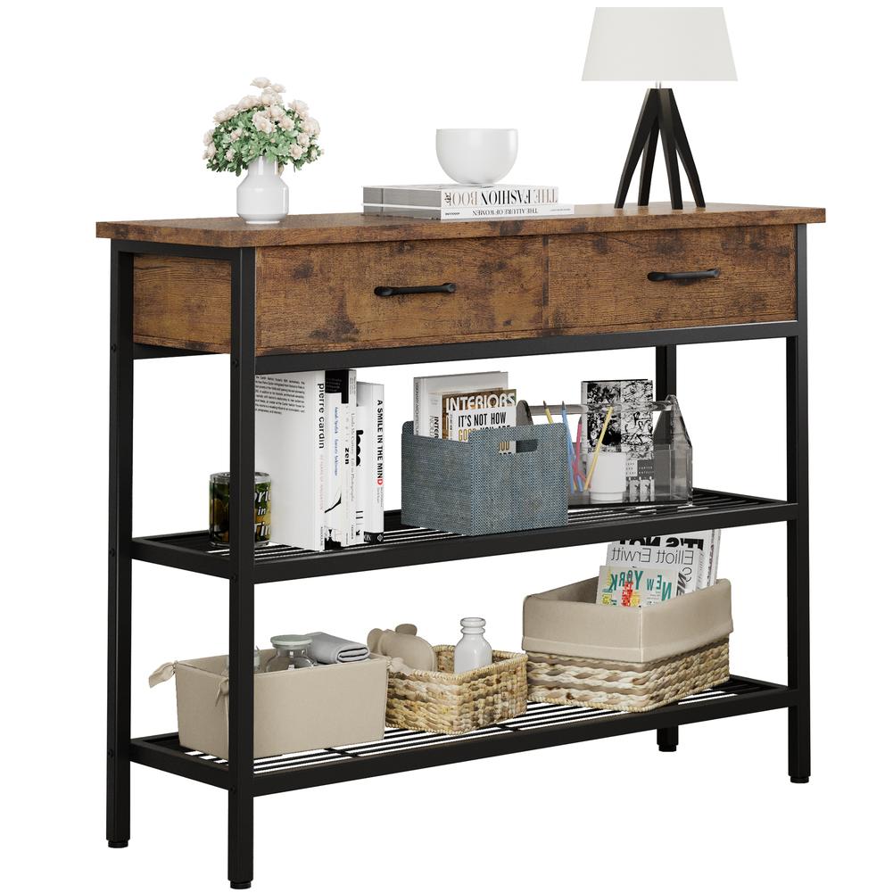 3 Tier Console Table with 2 Drawers Entryway Table with Storage, Industrial Sofa Table for Living Room Couch Hallway Foyer