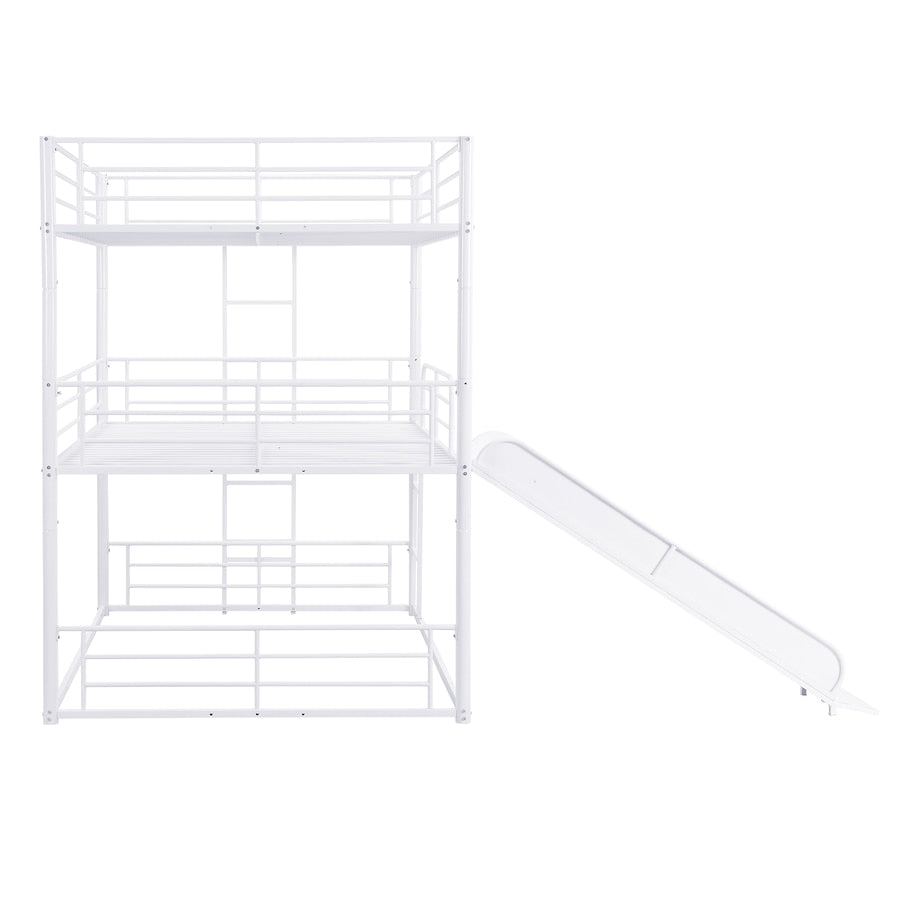 Full Size Metal Bunk Bed with Ladders and Slide, Divided into One Platform and Loft Bed, White