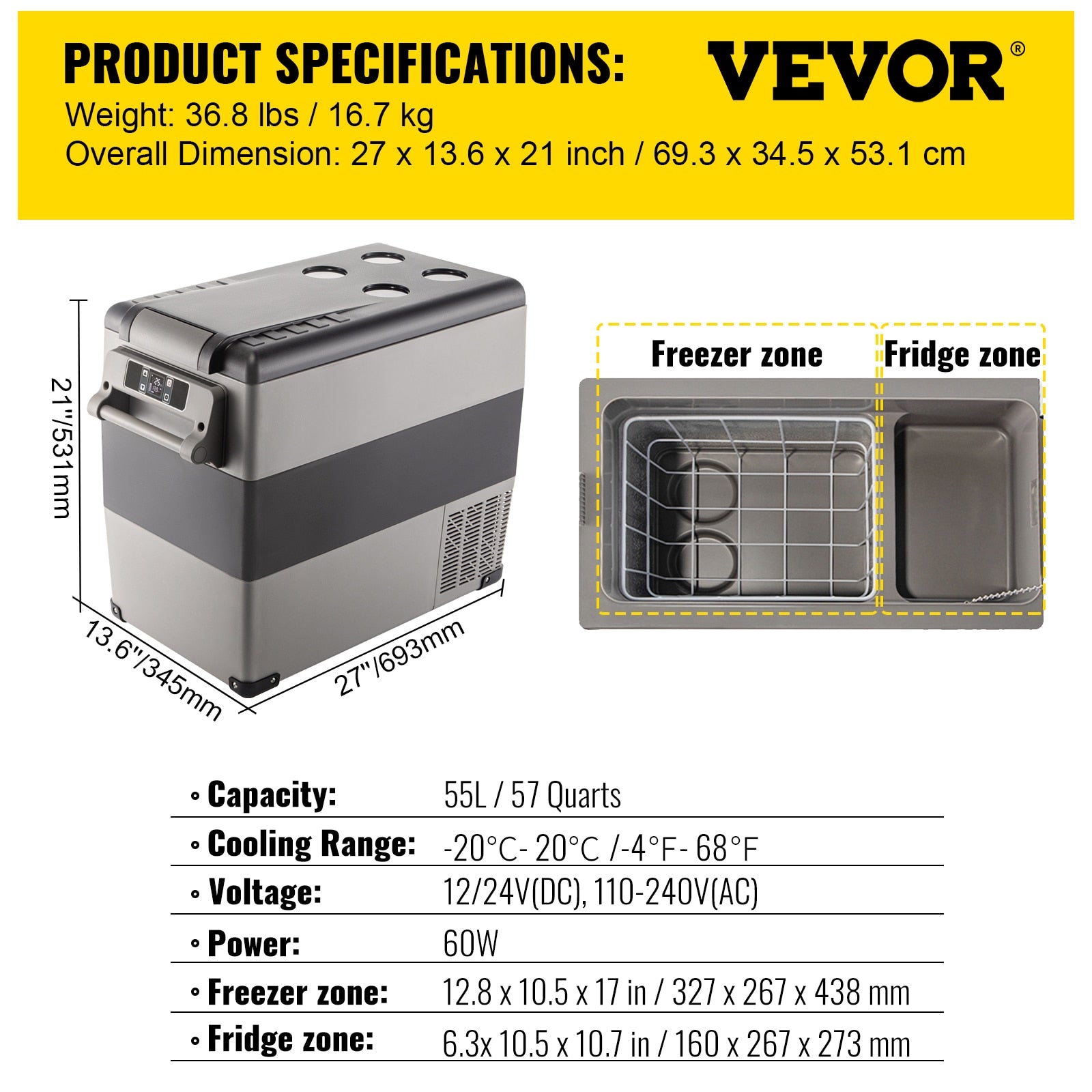 VEVOR 20L 22L 35L 45L 55L Car Refrigerator Mini Fridge Freezer Portable Compressor Cooler 12/24V DC 110-240V Ice Box for Camping - youronestopstore23