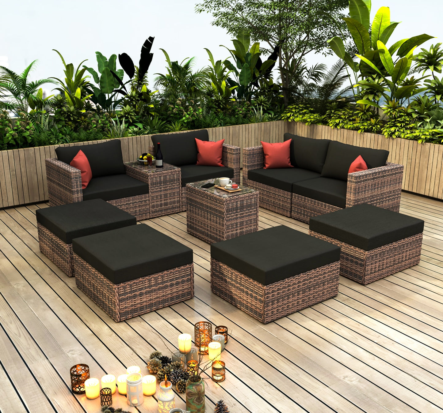 Outdoor Patio Garden chair Brown Wicker Sectional Conversation Sofa Set imitation bamboo rattan with Cushions Pillows Cover - youronestopstore23