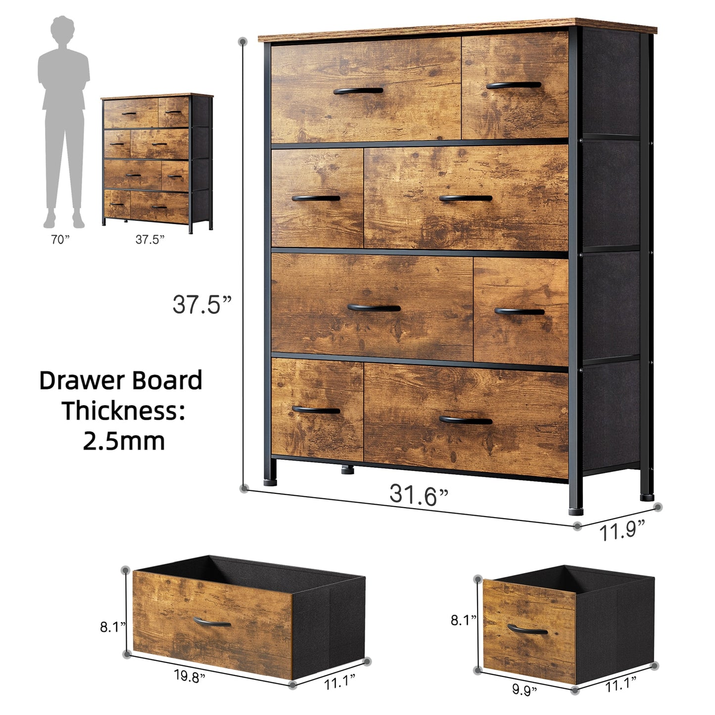 EnHomee Bedroom Dresser with 3 5 7 8 9 12 16 Fabric Drawers Chest Dresser Furniture Large Capacity Wooden Top Bedroom Closets