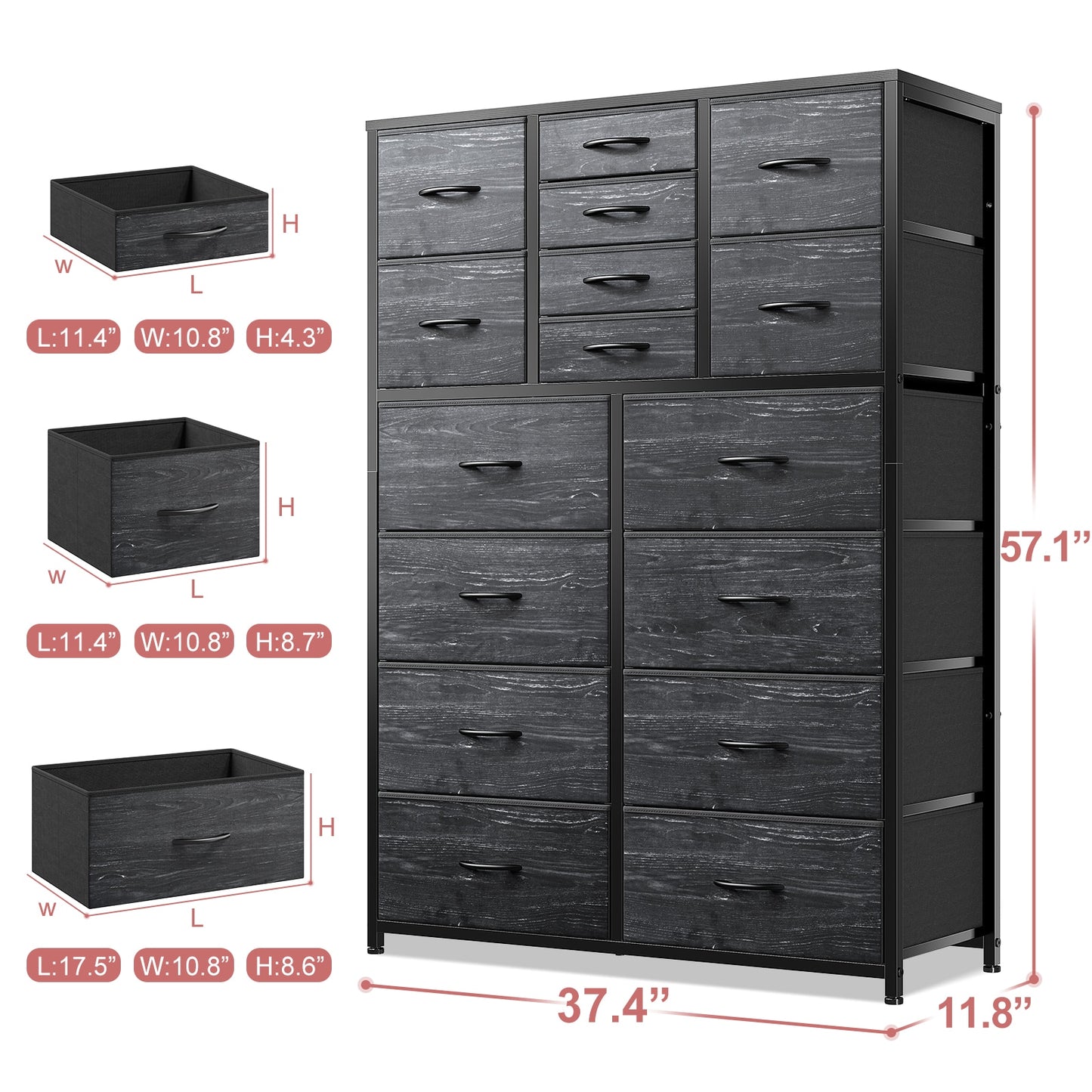 EnHomee Bedroom Dresser with 3 5 7 8 9 12 16 Fabric Drawers Chest Dresser Furniture Large Capacity Wooden Top Bedroom Closets
