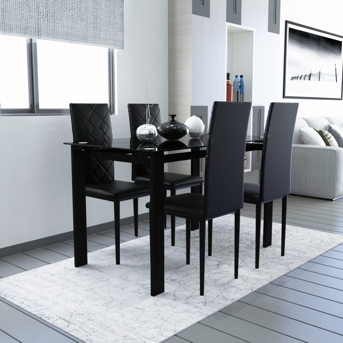 Modern Tempered Glass Black Dining Table Chair Set Simple Rectangular Living Room Kitchen Table W/4 High-End Dining Chair [US-W]