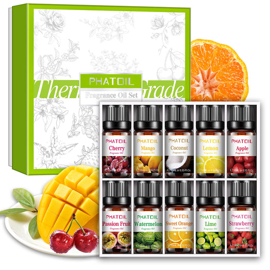 PHATOIL 10pcs Gift Box Essential Oils Set 10ML Pure Essential Oils Fruity Fragrance Oils Apple Cherry Coconut Mango Lemon Orange - youronestopstore23