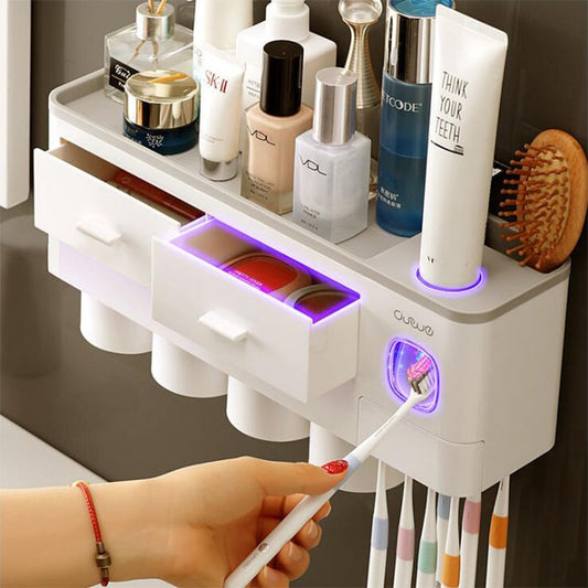 Toothbrush Holder Bathroom Accessories Set  Wall Mount Storage Rack Toiletries Storage Toothpaste Dispenser With Cup