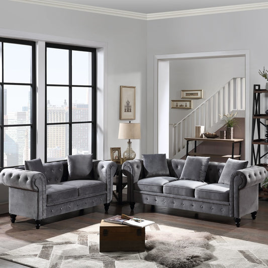 Sofa Set Living Room Chesterfield Tufted Velvet Upholstered Low Back Loveseat and 3 Seat Sofa Roll Arm Classic, Sectional Sofa