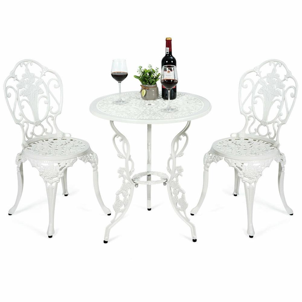 3PCS Patio Table Chairs Furniture Bistro Set Cast Aluminum Outdoor Garden White OP70330 - youronestopstore23