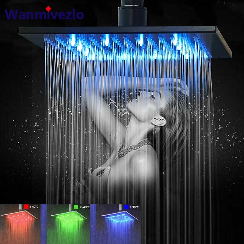 Matte Black Rain Shower Head LED Changing 16" Square Brass Shower Head Faucet Bathroom Accessory Top Over-head Shower Sprayer