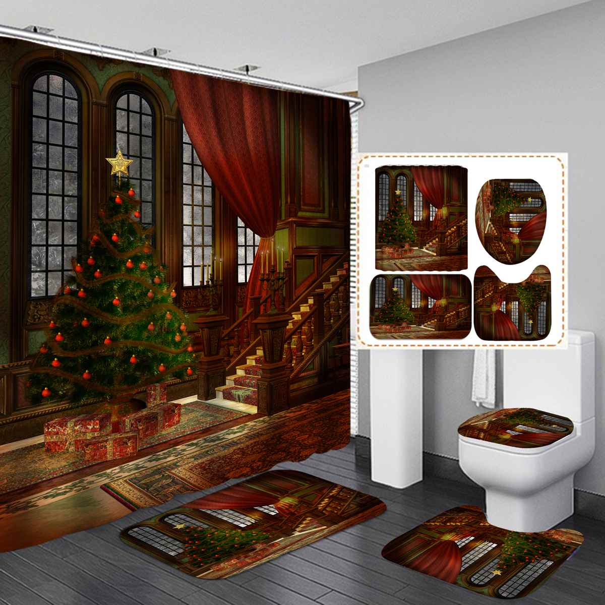 Merry Christmas Bathroom set Christmas Tree Pattern Waterproof Shower Curtain Toilet Cover Mat Non Slip Rug