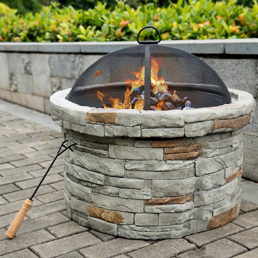 Gas Fire Pit for Backyard, Garden, Home, Outdoor Patio w/Natural Stone, Propane Hose, Handle, Cover - youronestopstore23