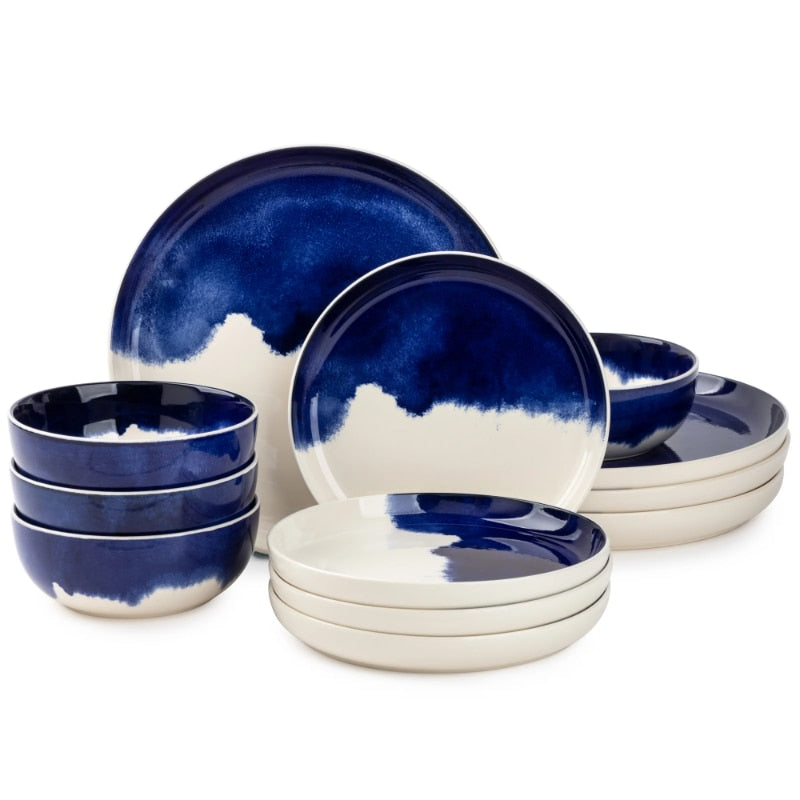 Thyme &amp; Table Dinnerware Blue Drip Stoneware, 12 Piece Set bone china dinner set  dishes  serving dishes sets  dinner set - youronestopstore23