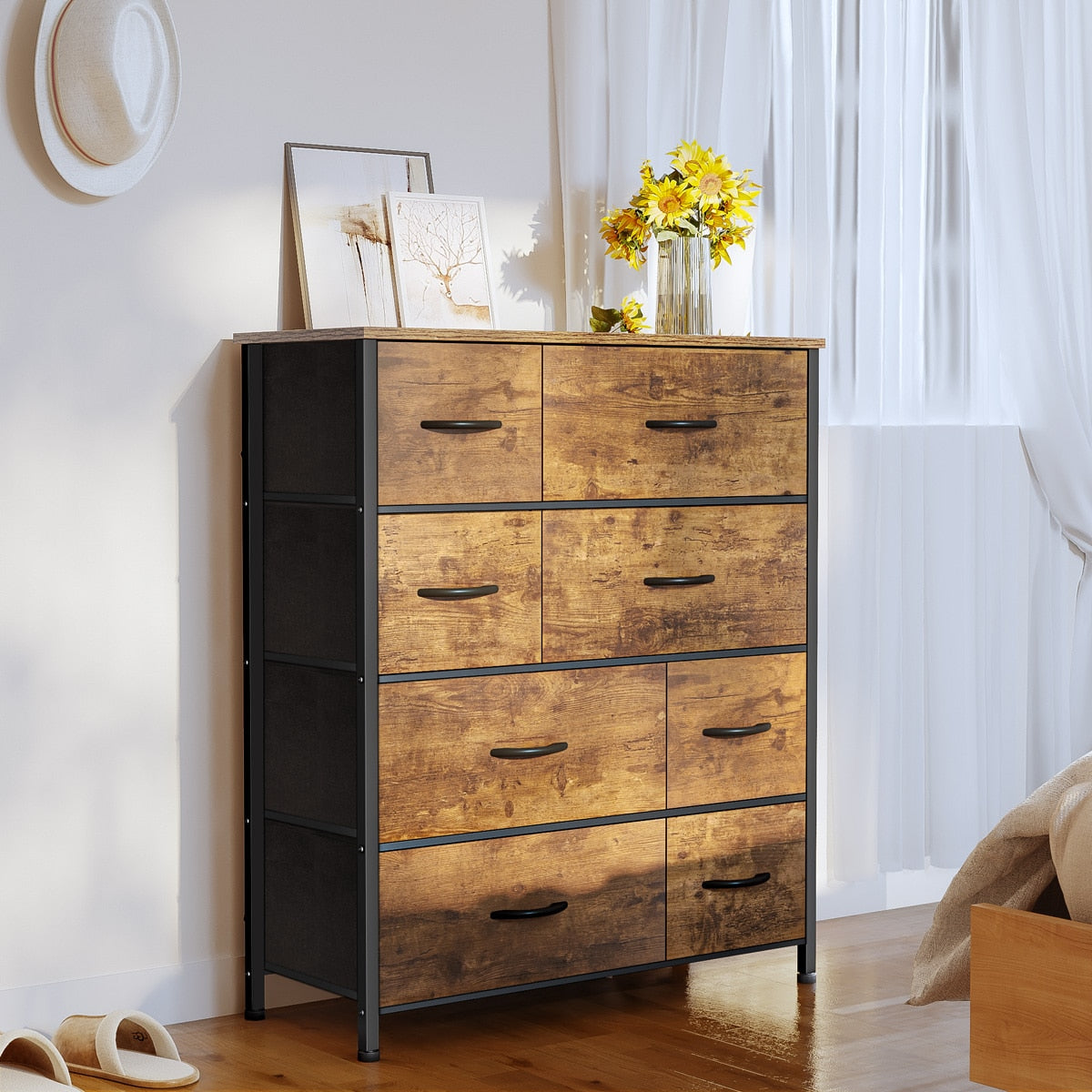 EnHomee 8 Drawer Dresser for Bedroom Fabric Dressers & Chest of Drawers with Wood Top Tall Dresser Near the Bed Storage Cabinet