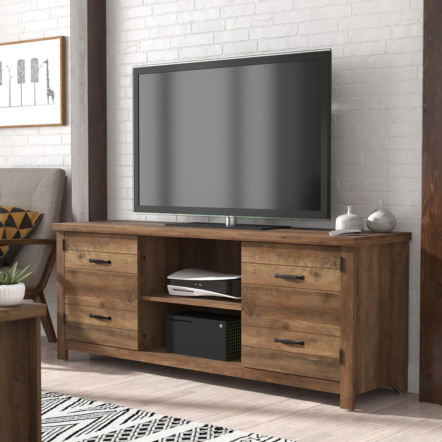 Lancaster Farmhouse 60” TV Stand with Charging Station for TV’s up to 65”, Knotty Oak tv cabinet living room furniture