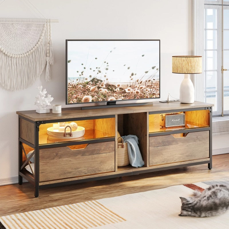Bestier TV Stand with LED Lights & Charging Station for TVs up to 70", Weathered Rustic Oak modern tv stand