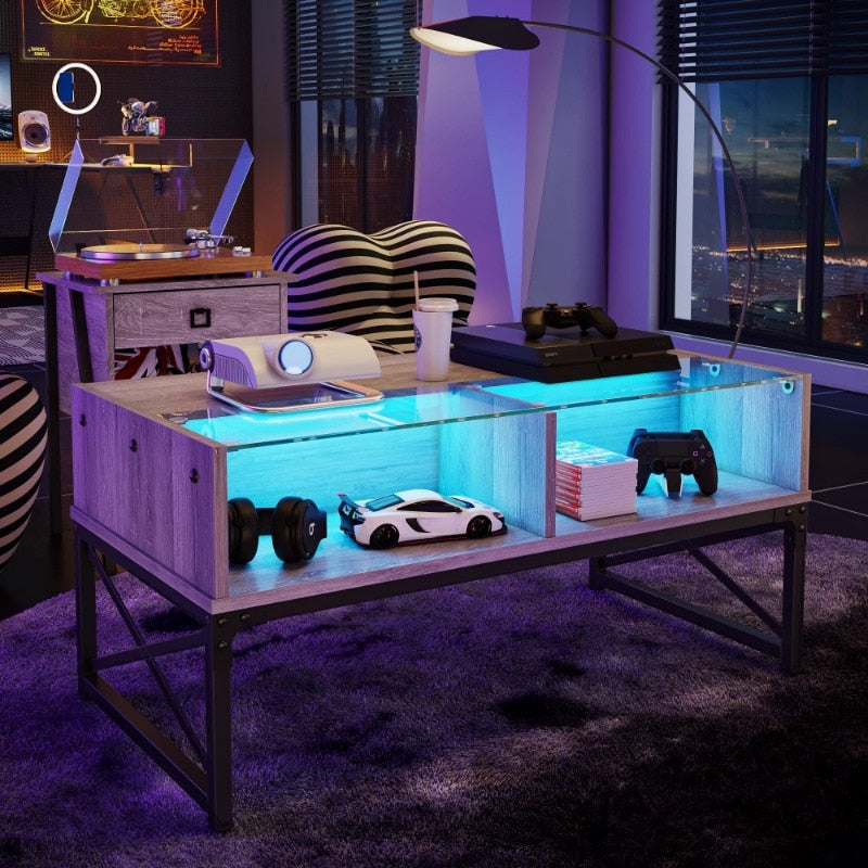 Bestier Coffee Table with LED Lights and Glass Shelf, Retro Grey furniture living room