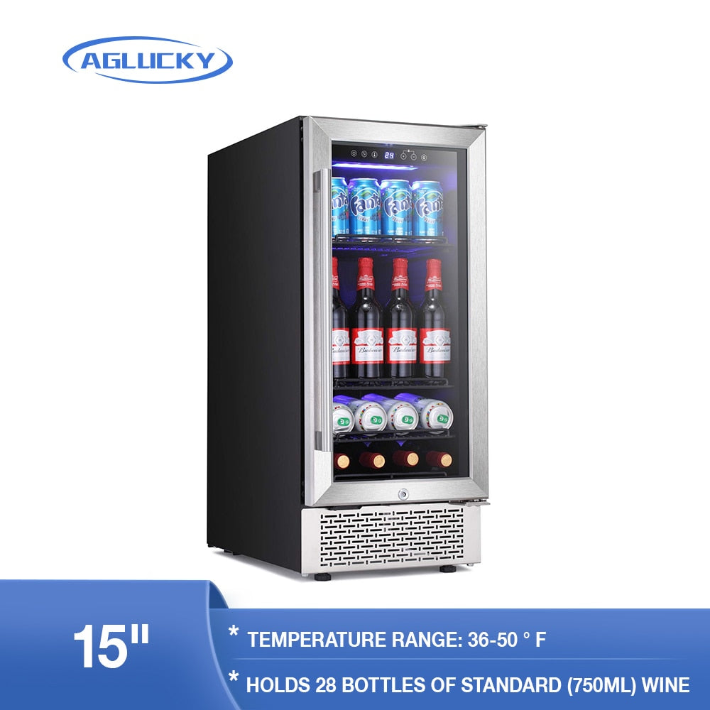 AGLUCKY 15inch Wine Cooler Cabinet Built-in Freestanding Beverage Refrigerator Stainless Steel Glass Door Wire  Digital Memory - youronestopstore23