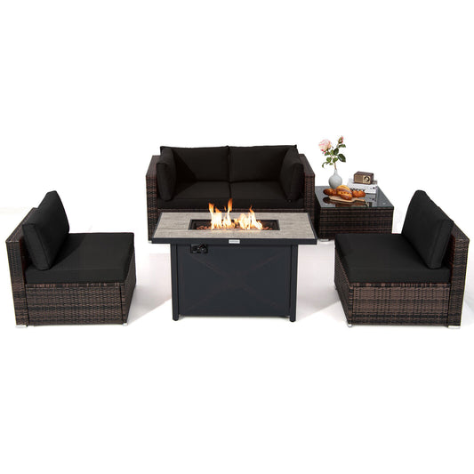 Patiojoy 6PCS Patio Furniture Set Rattan Cushioned Sofa Gas Fire Pit Table Black - youronestopstore23