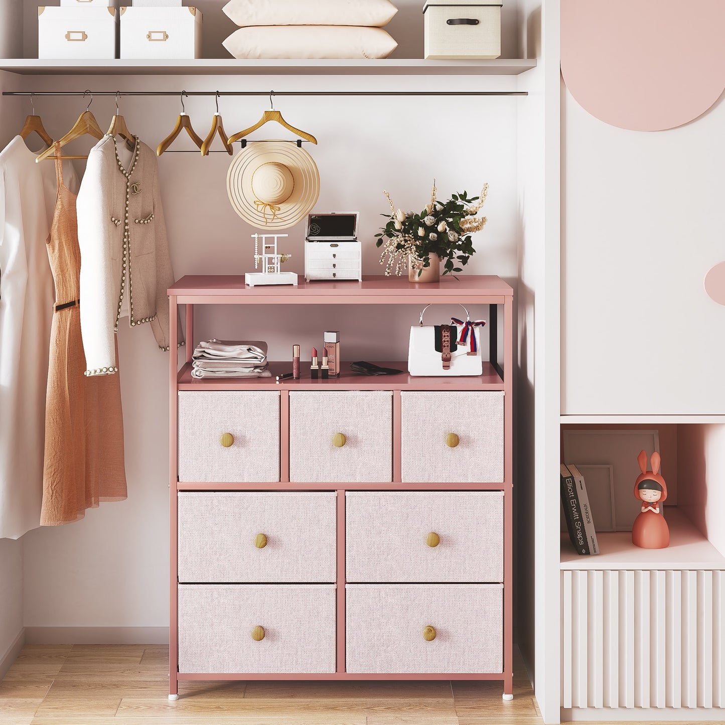 EnHomee Pink Dressers for Bedroom 7 Drawers for Clothes Girls Dresser with Wooden Shelves Anti-tipping Bedroom Closets Furniture