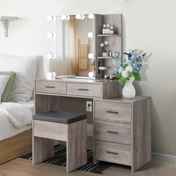 Particleboard Makeup Vanity Set Table 5 Pumps 2 Shelves Mirror Cabinet Three Dimming Light Bulb Dressing Table Set Grey