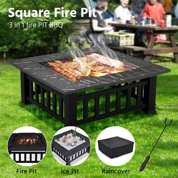 32&quot; Outdoor Metal Firepit Backyard Patio Garden Square Stove Fire Pit With cover - youronestopstore23