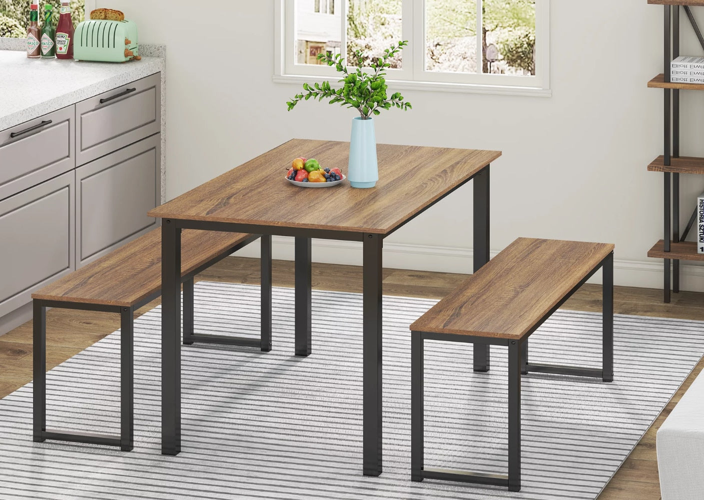 3 Piece Dining Table Set Breakfast Nook with Two Benches, Industrial Brown Dining Table Set 4 Chairs  Kitchen Table and Chairs - youronestopstore23
