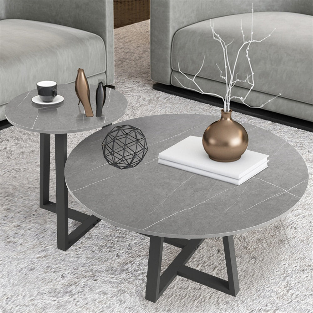 Round Modern Marble Nesting Coffee Set of 2, Stacking Living Room Accent Tables Furniture Sintered Stone Tabletop End Table