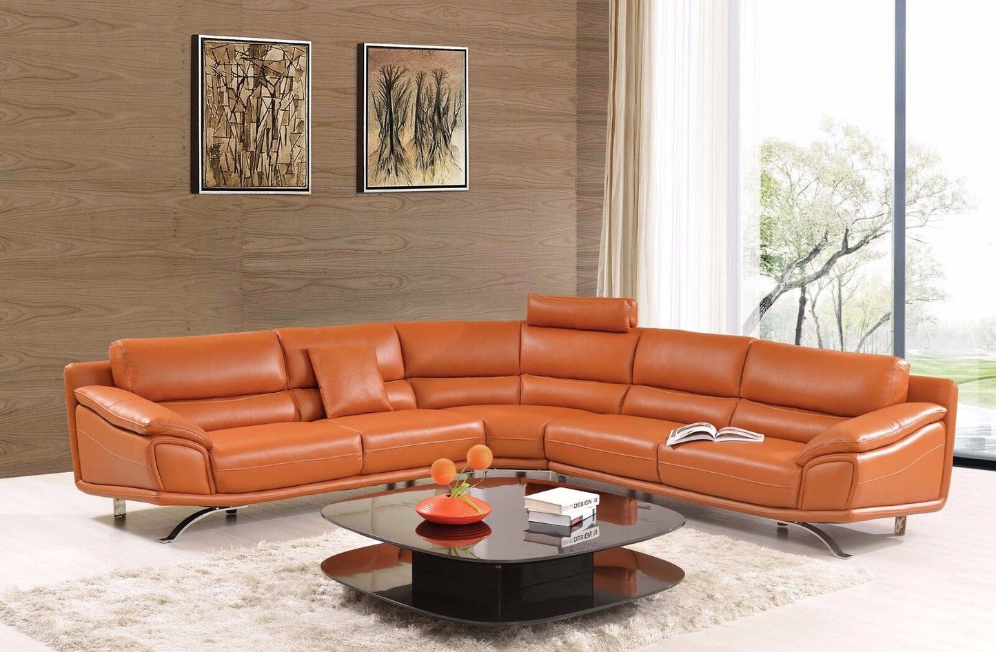 Modern Living Room Furniture Orange Bonded Leather Large Sectional Sofa Set Soft and comfortable For indoor livingroom furniture