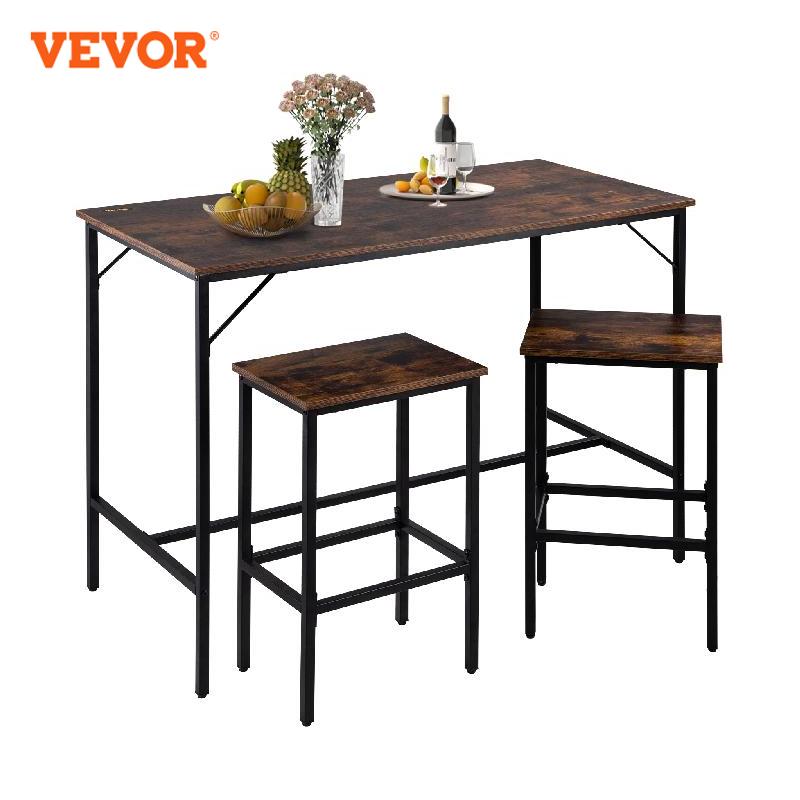 VEVOR Bar Table Set  3 Tall Table with 2/4 Round/Square Bar Stools for Home Kitchen Living Room Rustic Brown - youronestopstore23