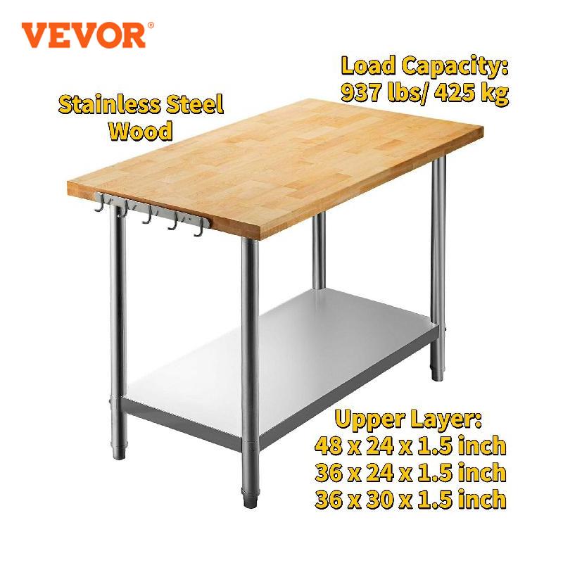 VEVOR Work Table With Shelf &amp; Hooks Stainless Steel Maple Wood r - youronestopstore23