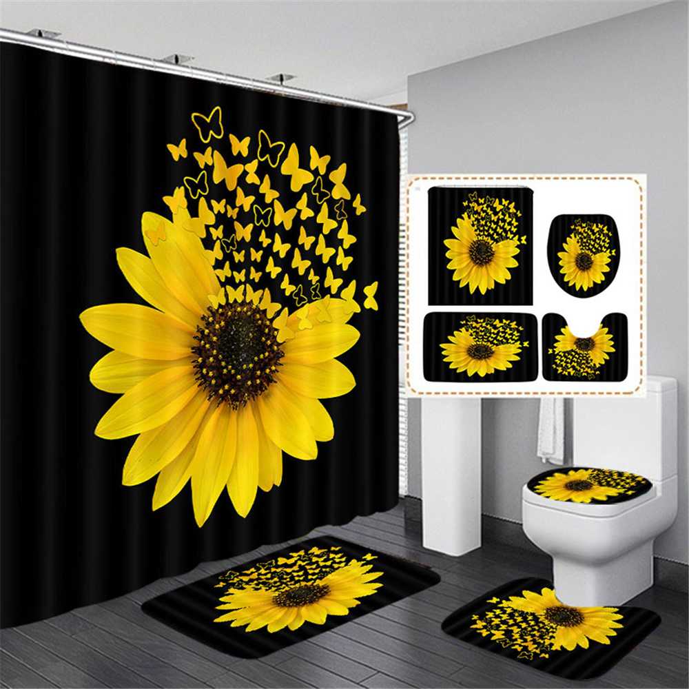 Sunflower Pattern Shower Curtain set Toilet Cover Rug Carpets Non-slip Kitchen Bath Mat Wooden Board Bathroom Set Decoration