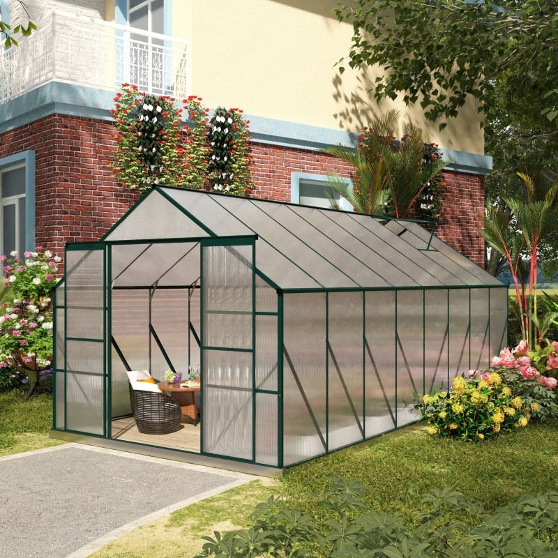 16&#39; x 8&#39; Walk-in Greenhouse Aluminum Greenhouse Polycarbonate Kit,Green, Clear - youronestopstore23